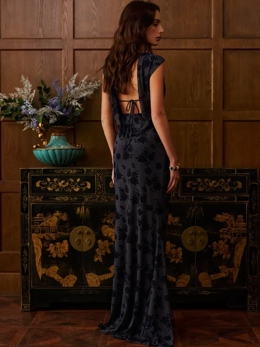 COMMENSE Skirt Sets|Long Sleeve Sets^Backless Velvet-Floral Pleated Skirt Set Black