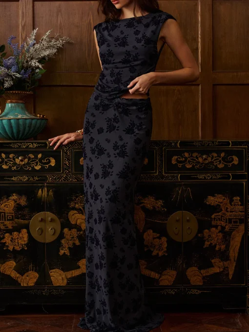 COMMENSE Skirt Sets|Long Sleeve Sets^Backless Velvet-Floral Pleated Skirt Set Black