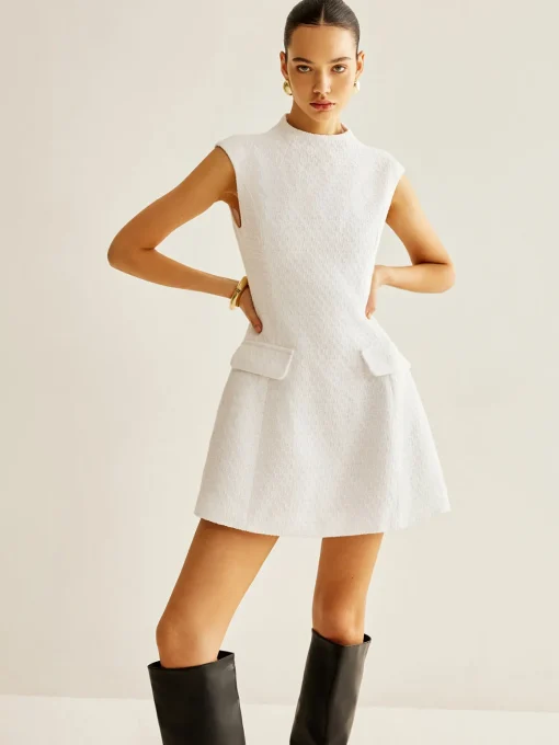 COMMENSE White Dresses|Casual Dresses^Backless Zipper Tweed Short Dress White