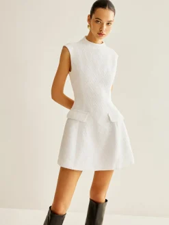 COMMENSE White Dresses|Casual Dresses^Backless Zipper Tweed Short Dress White