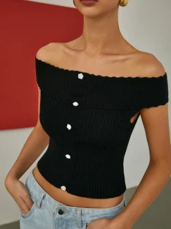 COMMENSE Sweater Tops|Sweaters & Cardigans^Basic Off-Shoulder Knit Top Black