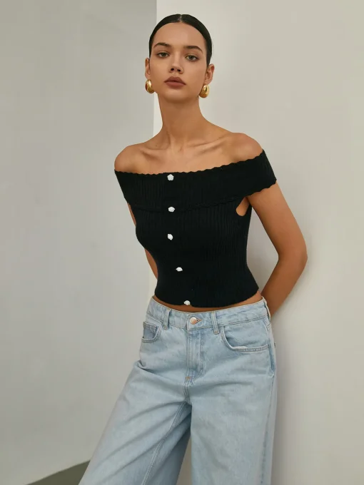 COMMENSE Sweater Tops|Sweaters & Cardigans^Basic Off-Shoulder Knit Top Black