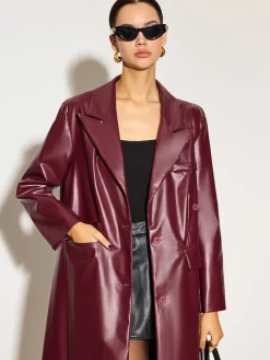 COMMENSE Outerwear|Tops^Basic PU Leather Button Jacket Burgundy
