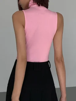 COMMENSE Tank Tops & Camis|Tops^Basic Snug Turtleneck Tank Top Pink