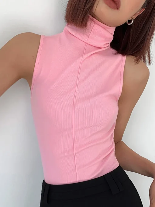 COMMENSE Tank Tops & Camis|Tops^Basic Snug Turtleneck Tank Top Pink