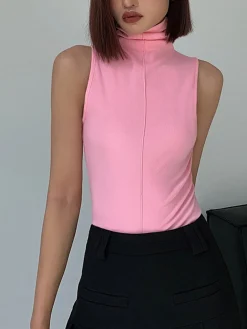 COMMENSE Tank Tops & Camis|Tops^Basic Snug Turtleneck Tank Top Pink