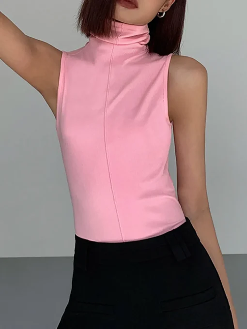 COMMENSE Tank Tops & Camis|Tops^Basic Snug Turtleneck Tank Top Pink