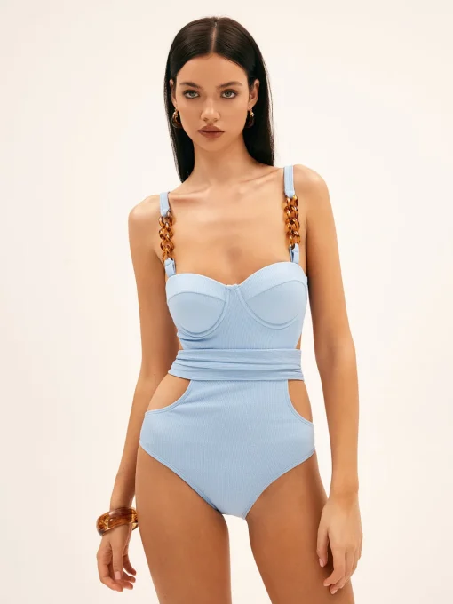 COMMENSE Swimwear|Tops^Beaded Cutout Underwire One Piece Swimsuit Blue