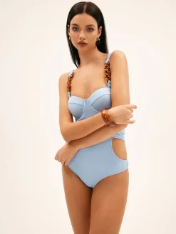 COMMENSE Swimwear|Tops^Beaded Cutout Underwire One Piece Swimsuit Blue