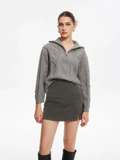 COMMENSE Skirts|Bottoms^Beaded Trim Side-Zipper Mini Skirt Grey