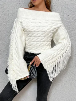 COMMENSE Sweater Tops|Sweaters & Cardigans^Beheme Off-Shoulder Tassel Sweater White