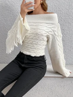 COMMENSE Sweater Tops|Sweaters & Cardigans^Beheme Off-Shoulder Tassel Sweater White