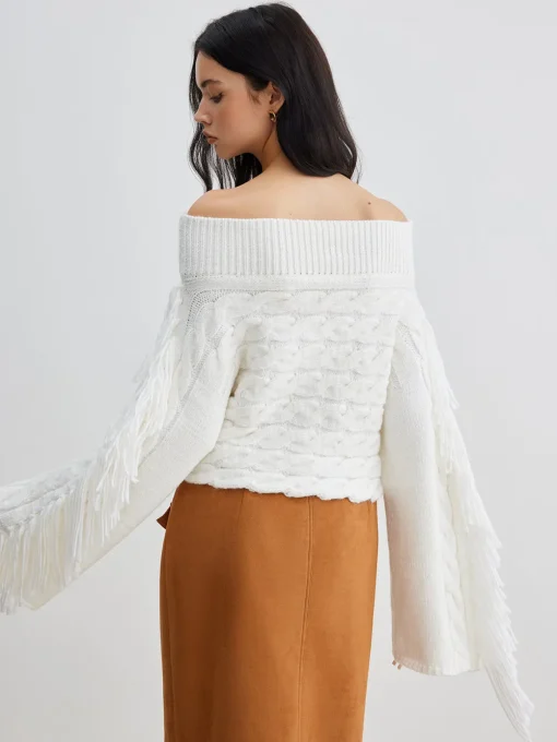 COMMENSE Sweater Tops|Sweaters & Cardigans^Beheme Off-Shoulder Tassel Sweater White