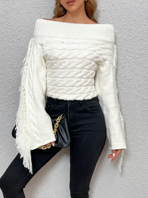 COMMENSE Sweater Tops|Sweaters & Cardigans^Beheme Off-Shoulder Tassel Sweater White