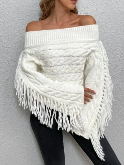 COMMENSE Sweater Tops|Sweaters & Cardigans^Beheme Off-Shoulder Tassel Sweater White