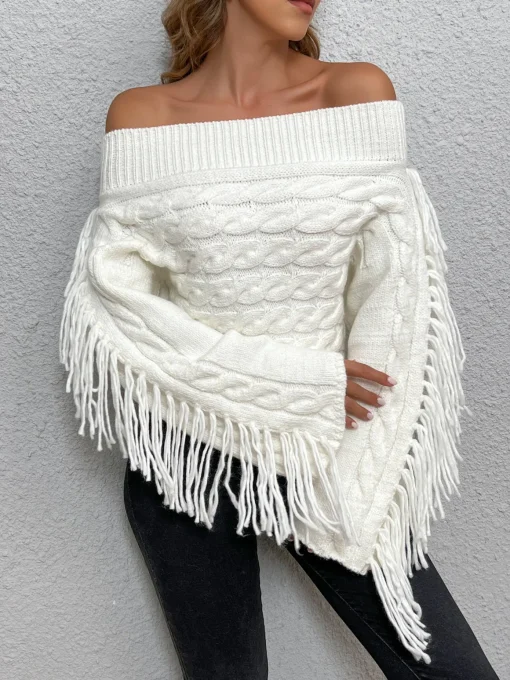 COMMENSE Sweater Tops|Sweaters & Cardigans^Beheme Off-Shoulder Tassel Sweater White