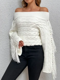 COMMENSE Sweater Tops|Sweaters & Cardigans^Beheme Off-Shoulder Tassel Sweater White