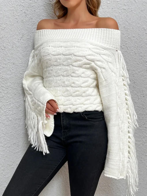 COMMENSE Sweater Tops|Sweaters & Cardigans^Beheme Off-Shoulder Tassel Sweater White