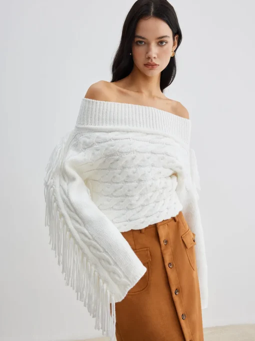 COMMENSE Sweater Tops|Sweaters & Cardigans^Beheme Off-Shoulder Tassel Sweater White