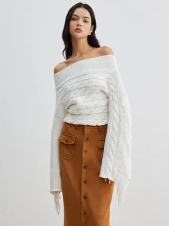 COMMENSE Sweater Tops|Sweaters & Cardigans^Beheme Off-Shoulder Tassel Sweater White