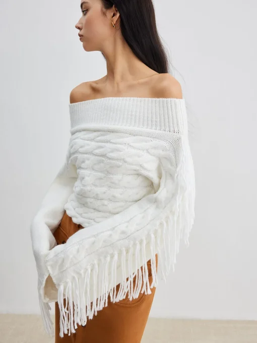 COMMENSE Sweater Tops|Sweaters & Cardigans^Beheme Off-Shoulder Tassel Sweater White