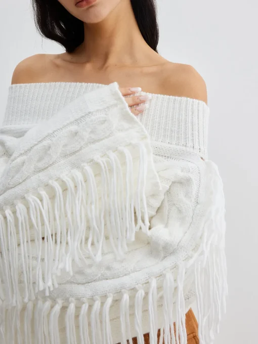 COMMENSE Sweater Tops|Sweaters & Cardigans^Beheme Off-Shoulder Tassel Sweater White