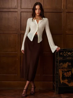 COMMENSE Tops^Bell Sleeve Button Down Slim Blouse White