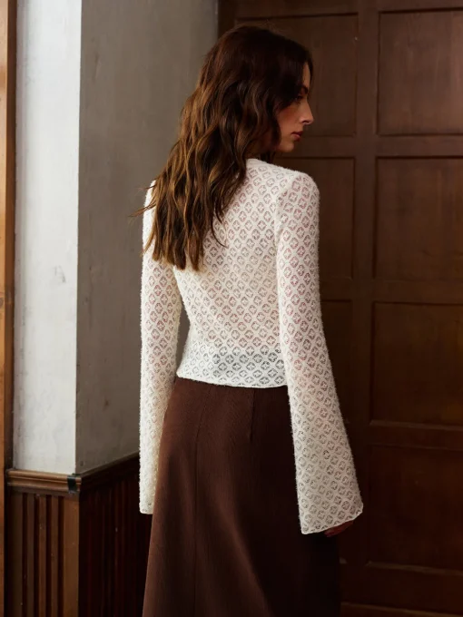 COMMENSE Tops^Bell Sleeve Button Down Slim Blouse White