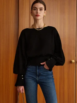 COMMENSE Sweatshirts & Hoodies|Tops^Bell Sleeve Cinched Sweatshirt Black