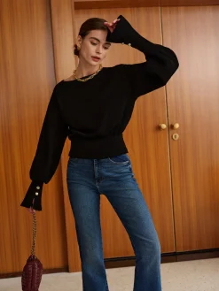 COMMENSE Sweatshirts & Hoodies|Tops^Bell Sleeve Cinched Sweatshirt Black