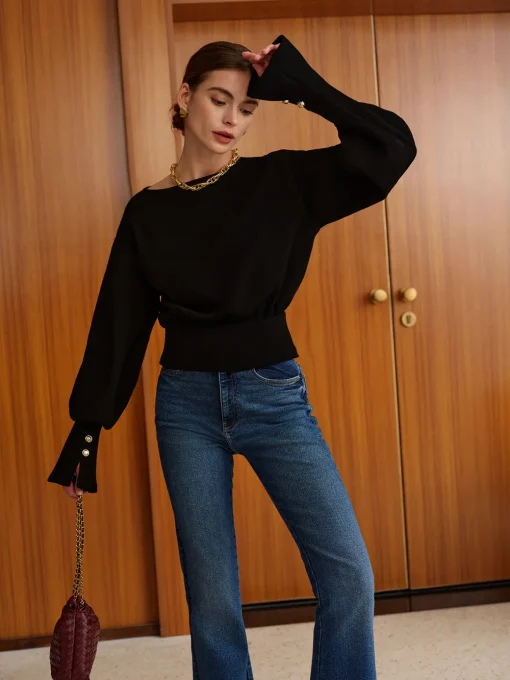 COMMENSE Sweatshirts & Hoodies|Tops^Bell Sleeve Cinched Sweatshirt Black
