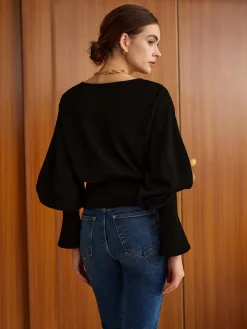 COMMENSE Sweatshirts & Hoodies|Tops^Bell Sleeve Cinched Sweatshirt Black