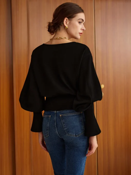 COMMENSE Sweatshirts & Hoodies|Tops^Bell Sleeve Cinched Sweatshirt Black