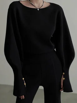 COMMENSE Sweatshirts & Hoodies|Tops^Bell Sleeve Cinched Sweatshirt Black