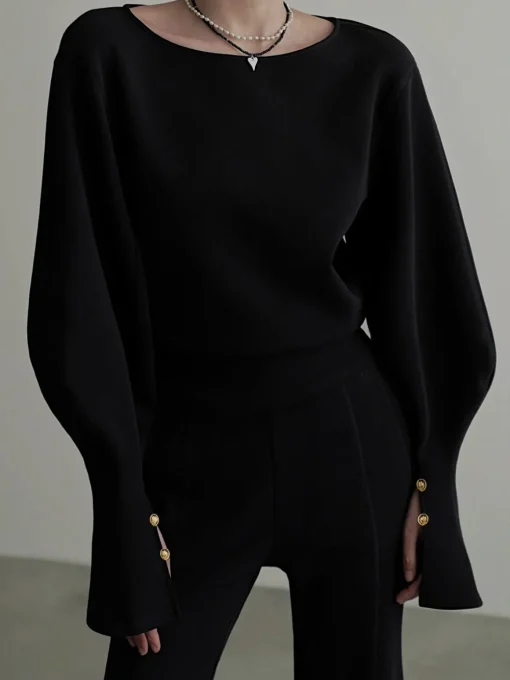 COMMENSE Sweatshirts & Hoodies|Tops^Bell Sleeve Cinched Sweatshirt Black