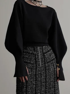 COMMENSE Sweatshirts & Hoodies|Tops^Bell Sleeve Cinched Sweatshirt Black
