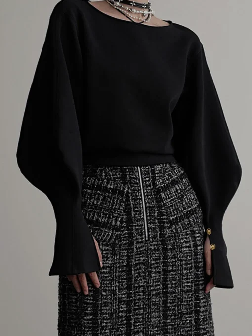 COMMENSE Sweatshirts & Hoodies|Tops^Bell Sleeve Cinched Sweatshirt Black