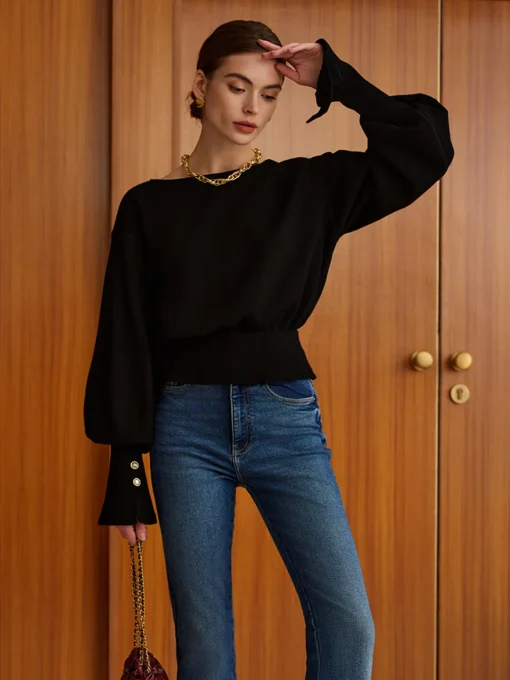 COMMENSE Sweatshirts & Hoodies|Tops^Bell Sleeve Cinched Sweatshirt Black