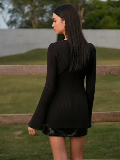 COMMENSE Knitwear|Tops^Bell Sleeve Cutout Split Knit Top Black