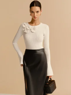 COMMENSE Knitwear|Tops^Bell Sleeve Floral Knit Top Off-White