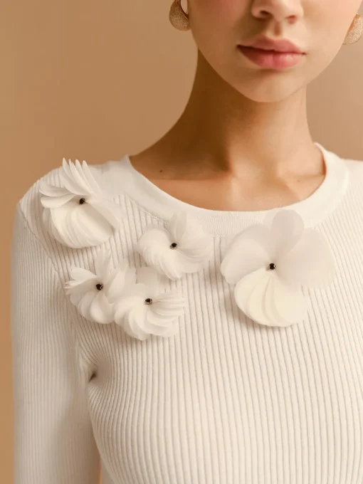 COMMENSE Knitwear|Tops^Bell Sleeve Floral Knit Top Off-White