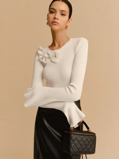 COMMENSE Knitwear|Tops^Bell Sleeve Floral Knit Top Off-White