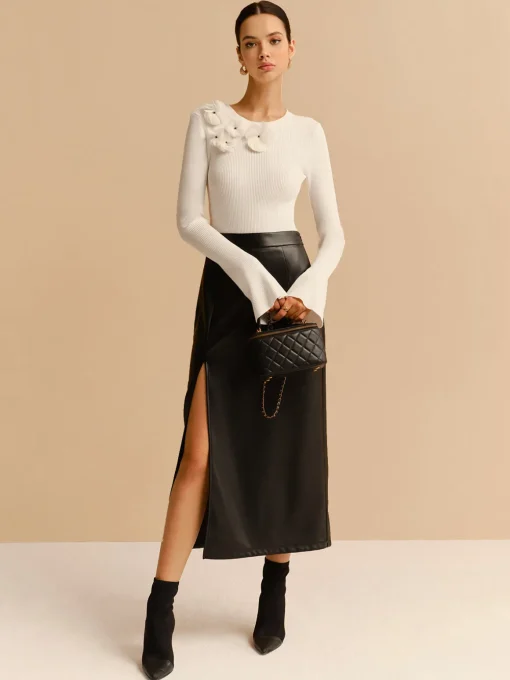 COMMENSE Knitwear|Tops^Bell Sleeve Floral Knit Top Off-White