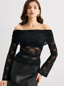 COMMENSE Blouses & Shirts^Bell Sleeve Off-Shoulder Lace Top Black