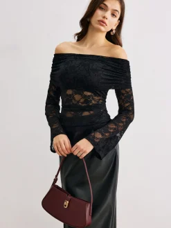 COMMENSE Blouses & Shirts^Bell Sleeve Off-Shoulder Lace Top Black