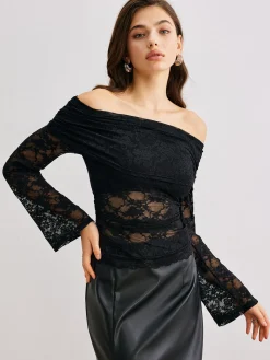 COMMENSE Blouses & Shirts^Bell Sleeve Off-Shoulder Lace Top Black