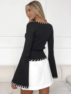 COMMENSE Sweater Tops|Sweaters & Cardigans^Bell-Sleeve Contrast Trim Knit Top Black