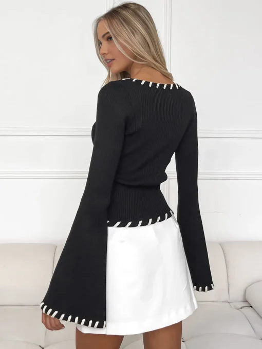 COMMENSE Sweater Tops|Sweaters & Cardigans^Bell-Sleeve Contrast Trim Knit Top Black