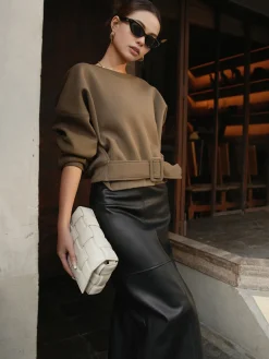 COMMENSE Sweatshirts & Hoodies|Tops^Belted Short Sweatshirt LightBrown