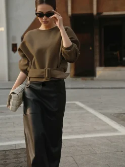 COMMENSE Sweatshirts & Hoodies|Tops^Belted Short Sweatshirt LightBrown
